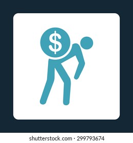 Money courier icon. Vector style is blue and white colors, flat rounded square button on a dark blue background.