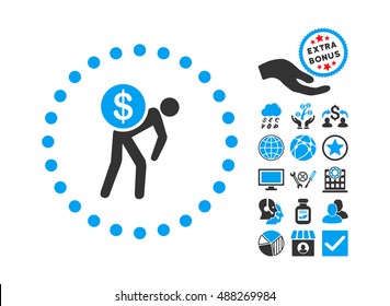 Money Courier pictograph with bonus elements. Vector illustration style is flat iconic bicolor symbols, blue and gray colors, white background.