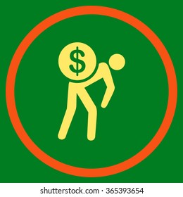 Money Courier vector icon. Style is bicolor flat circled symbol, orange and yellow colors, rounded angles, green background.