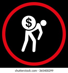 Money Courier vector icon. Style is bicolor flat circled symbol, red and white colors, rounded angles, black background.