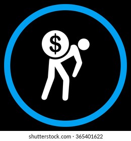 Money Courier vector icon. Style is bicolor flat circled symbol, blue and white colors, rounded angles, black background.