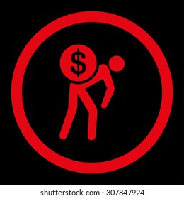 Money courier vector icon. This rounded flat symbol is drawn with red color on a black background.