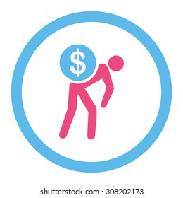 Money courier vector icon. This rounded flat symbol is drawn with pink and blue colors on a white background.