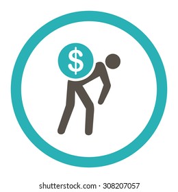 Money courier vector icon. This rounded flat symbol is drawn with grey and cyan colors on a white background.
