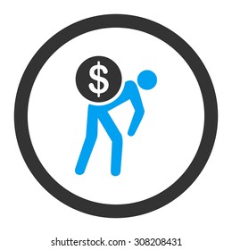 Money courier vector icon. This rounded flat symbol is drawn with blue and gray colors on a white background.