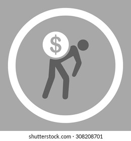 Money courier vector icon. This rounded flat symbol is drawn with dark gray and white colors on a silver background.