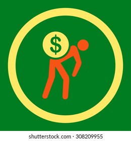Money courier vector icon. This rounded flat symbol is drawn with orange and yellow colors on a green background.