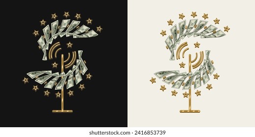 Money creative composition with Catherine wheel firework with flying apart 100 dollar bills. Conceptual vintage illustration for success, luck.