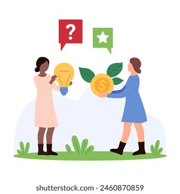 Money for creative idea, process of deal or buy effective solution. Tiny people holding light bulb and dollar coin to exchange, characters sell or invest in new projects cartoon vector illustration