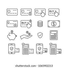 Money and credit card, debit card icon set. Payment, transactions and banking icons. Outline, editable icons.