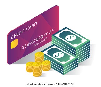 money and credit card isometric icons concept,money isometric illustration vector, money illustration vector
