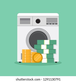 Money crime concept, money laundering, washing machines and piles of money, flat design vector illustration