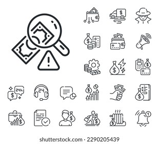 Money crime sign. Cash money, loan and mortgage outline icons. Fraud line icon. Accounting offense symbol. Fraud line sign. Credit card, crypto wallet icon. Inflation, job salary. Vector