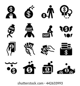 Money Crisis & Debt Icons Set Vector Illustration 