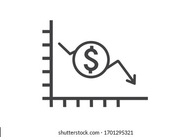 Money crisis icon, Financial crisis vector icon, Dollar rate decrease vector line icon, Money symbol with down arrow, Lower cost icon,Business lost 