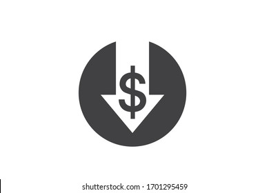 Money crisis icon, Financial crisis vector icon, Dollar rate decrease vector line icon, Money symbol with down arrow, Lower cost icon,Business lost 