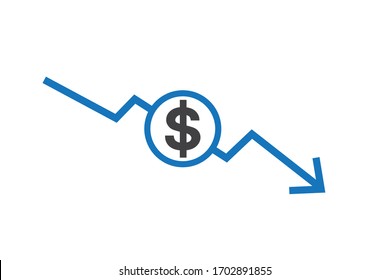 Money crisis icon, Financial crisis vector icon, Dollar rate decrease vector line icon, Money symbol with down arrow, Lower cost icon,Business lost blue version