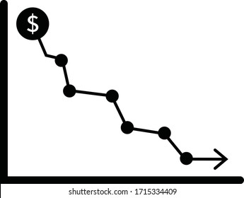 Money Crisis Icon, Financial Crisis Vector Icon, Dollar Rate Decrease Vector Line Icon, Money Symbol With Down Arrow, Lower Cost Icon,Business Lost.