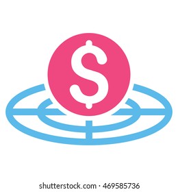 Money Crosshair icon. Vector style is bicolor flat iconic symbol with rounded angles, pink and blue colors, white background.