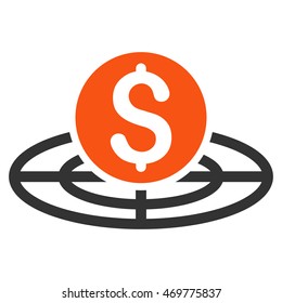 Money Crosshair icon. Vector style is bicolor flat iconic symbol with rounded angles, orange and gray colors, white background.