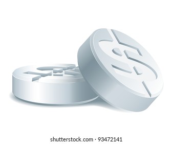Money is a cure-all. Two white medical pills with dollar sign. Vector illustration isolated on white background