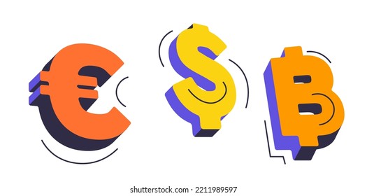 Money currencies of different countries. Isolated sign of euro from Europe, dollar from United States of America and bitcoin. Digital virtual tokens and real cash. Vector in flat style illustration