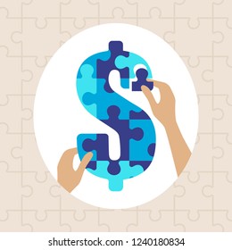 Money currency American Dollar symbol, puzzle jigsaw pieces concept, assembled with hands, vector illustration