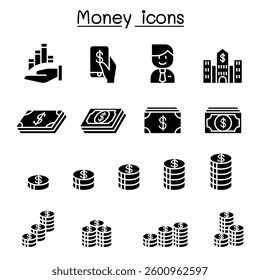 Money, Currency, Cash, Coins and Bank notes icon set in glyph style