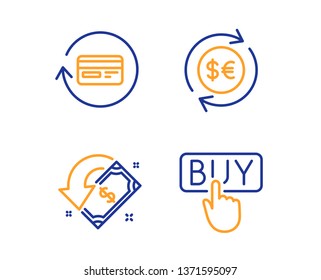 Money currency, Cashback and Refund commission icons simple set. Buying sign. Cash change, Receive money, Cashback card. E-commerce shopping. Finance set. Linear money currency icon. Vector