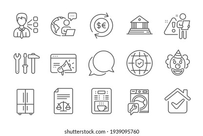 Money currency, Coffee maker and Clown icons set. Spanner tool, Global insurance and Court building signs. Vector