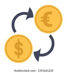 Money currency exchange application widget media content flat icon. Cartoon gold dollar and euro coins with arrows. Financial transaction services. Cash back. Savings account. Vector illustration