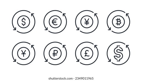 Money and currency exchange editable stroke outline icons set isolated on white background flat vector illustration. Pixel perfect. 64 x 64.