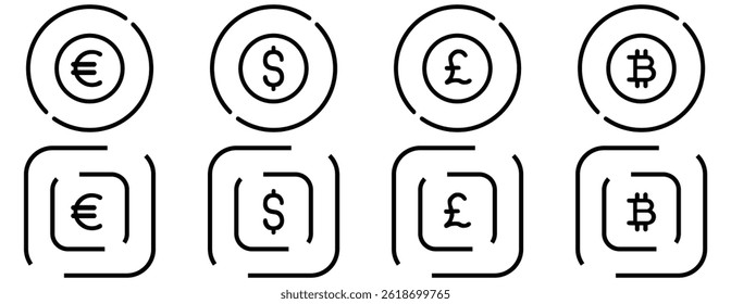 Money and currency exchange editable stroke outline icons set isolated on white background flat vector illustration.