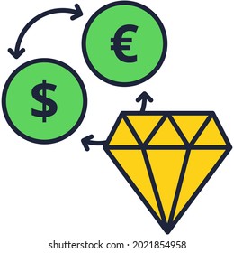 Money currency exchange icon flat vector symbol. Gem, euro and dollar sign swap, trade or transfer logo isolated on white background
