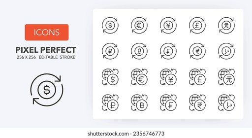 Money and currency exchange thin line icon set. Outline symbol collection. Editable vector stroke. 256x256 Pixel Perfect scalable to 128px, 64px...