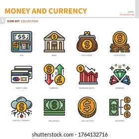 money and currency icon set,filled outline style,vector and illustration