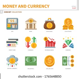 money and currency icon set,flat style,vector and illustration