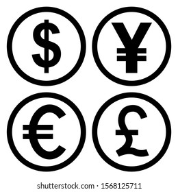 Money and currency icons set. Money Dollar, Euro, Yen, Pound, icon in trendy flat style design. Vector illustration