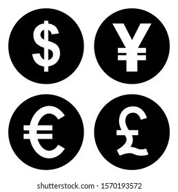 Money and currency icons set. Money Dollar, Euro, Yen, Pound, icon in trendy silhouette style design. Vector illustration.