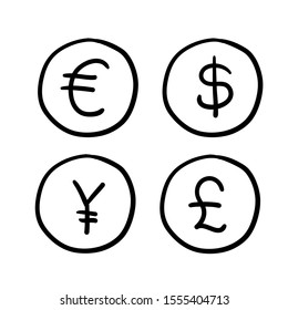 Money & Currency Icons Set. Money Sign. Euro, Dollar, Yen, Pound. Vector Illustration. On White Background With Hand Drawn Doodle Style Cartoon