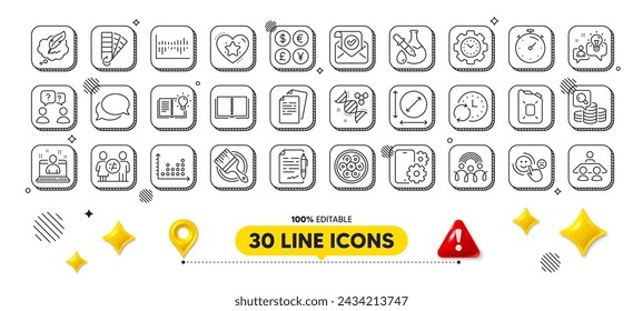 Money currency, Phone service and Chemistry dna line icons pack. 3d design elements. Timer, Teamwork questions, Cable section web icon. Book, Documents, Circle area pictogram. Vector