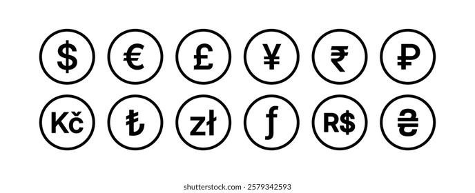 Money currency symbol icon set. Currency exchange icon. Dollar, Euro, British Pound, Yen, Rupee, Ruble, Koruna, Lira, Zloty, Forint, Real, Hryvnia symbol icon collection. Vector illustration.