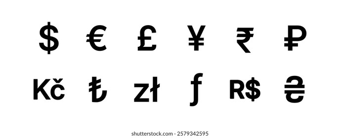 Money currency symbol icon set. Currency exchange icon. Dollar, Euro, British Pound, Yen, Rupee, Ruble, Koruna, Lira, Zloty, Forint, Real, Hryvnia symbol icon collection. Vector illustration.