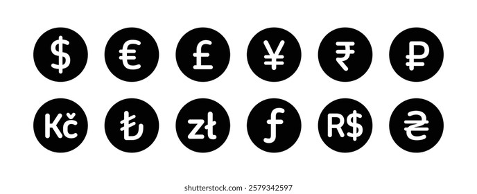 Money currency symbol icon set. Currency exchange icon. Dollar, Euro, British Pound, Yen, Rupee, Ruble, Koruna, Lira, Zloty, Forint, Real, Hryvnia symbol icon collection. Vector illustration.