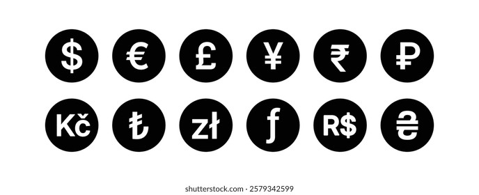 Money currency symbol icon set. Currency exchange icon. Dollar, Euro, British Pound, Yen, Rupee, Ruble, Koruna, Lira, Zloty, Forint, Real, Hryvnia symbol icon collection. Vector illustration.