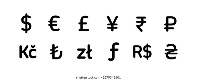 Money currency symbol icon set. Currency exchange icon. Dollar, Euro, British Pound, Yen, Rupee, Ruble, Koruna, Lira, Zloty, Forint, Real, Hryvnia symbol icon collection. Vector illustration.