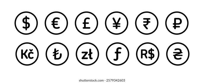 Money currency symbol icon set. Currency exchange icon. Dollar, Euro, British Pound, Yen, Rupee, Ruble, Koruna, Lira, Zloty, Forint, Real, Hryvnia symbol icon collection. Vector illustration.