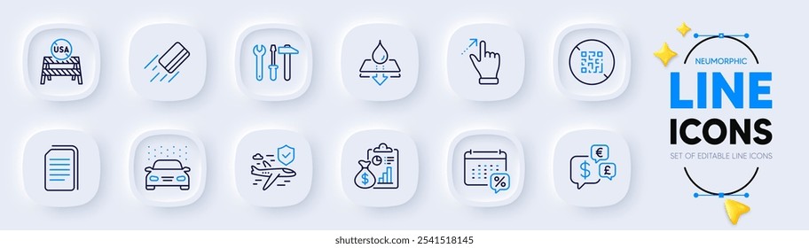 Money currency, Touchscreen gesture and Car wash line icons for web app. Pack of Water resistant, Credit card, Report pictogram icons. Calendar tax, Copy files, Flight insurance signs. Vector