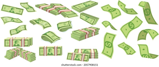 Money currency vector illustration. Various money bills dollar cash paper bank notes and gold coins