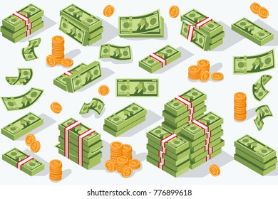 Money currency vector illustration. Various money bills dollar cash paper bank notes and gold coins. Collection of cash heap pile and currency stack vector set.